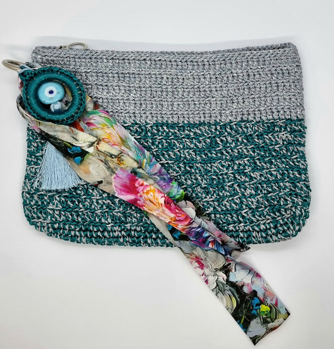 Clutch Bag - Grey and Green with Glitter