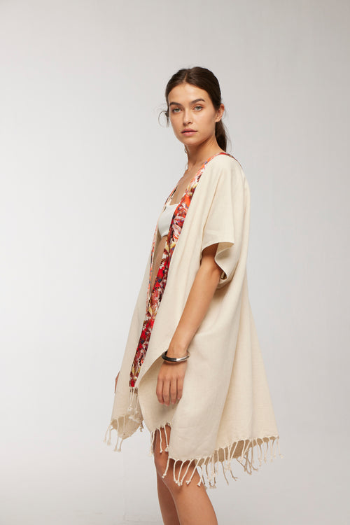 Elegant Kaftan Robe With Silk Bordure - Orange Starburst