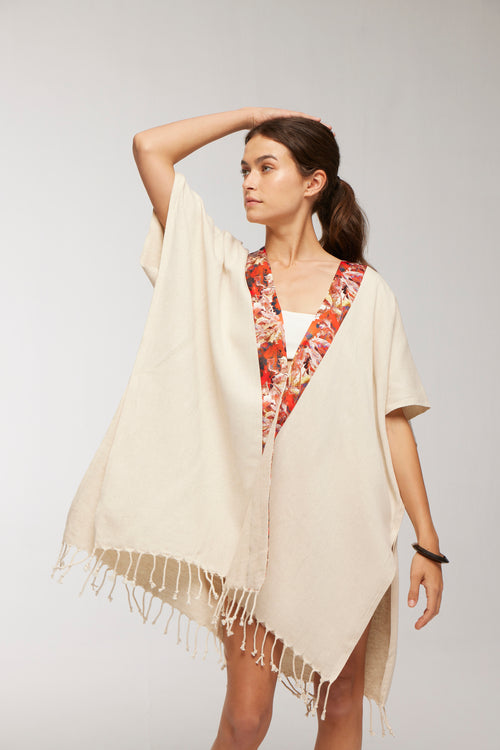 Elegant Kaftan Robe With Silk Bordure - Orange Starburst