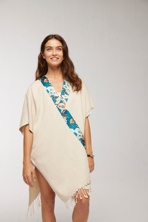 Elegant Kaftan Robe With Silk Bordure - Blue Floral