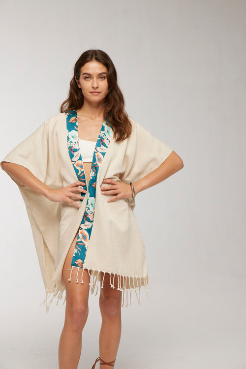 Elegant Kaftan Robe With Silk Bordure - Blue Floral