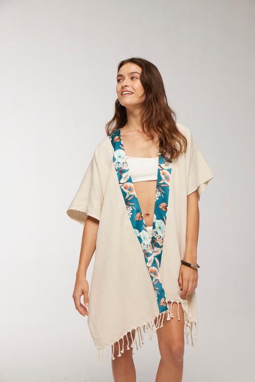 Elegant Kaftan Robe With Silk Bordure - Blue Floral