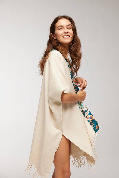 Elegant Kaftan Robe With Silk Bordure - Blue Floral