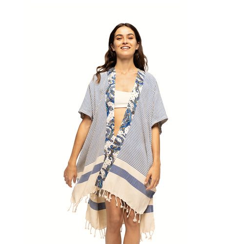 Elegant Kaftan Robe With Silk Bordure - Blue Soma Paisley