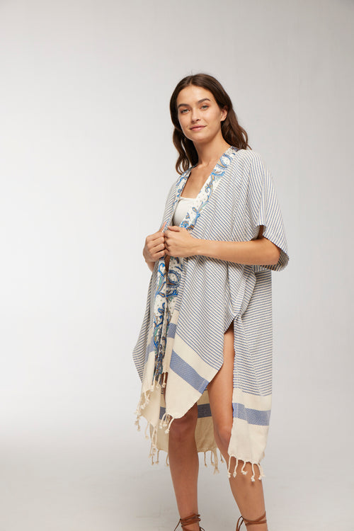 Elegant Kaftan Robe With Silk Bordure - Blue Soma Paisley