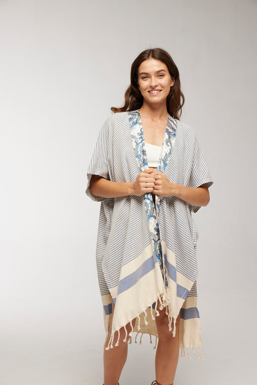 Elegant Kaftan Robe With Silk Bordure - Blue Soma Paisley