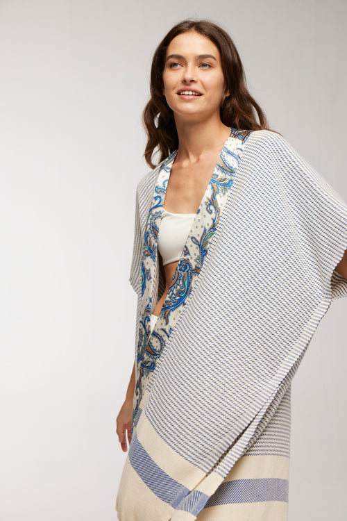 Elegant Kaftan Robe With Silk Bordure - Blue Soma Paisley