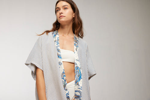 Elegant Kaftan Robe With Silk Bordure - Blue Soma Paisley